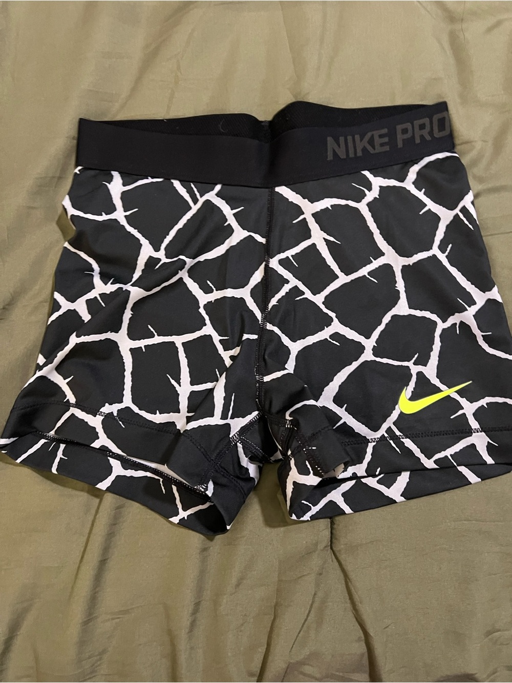 Nike Pro Black & White Giraffe-Print Athletic Shorts with Neon Swoosh